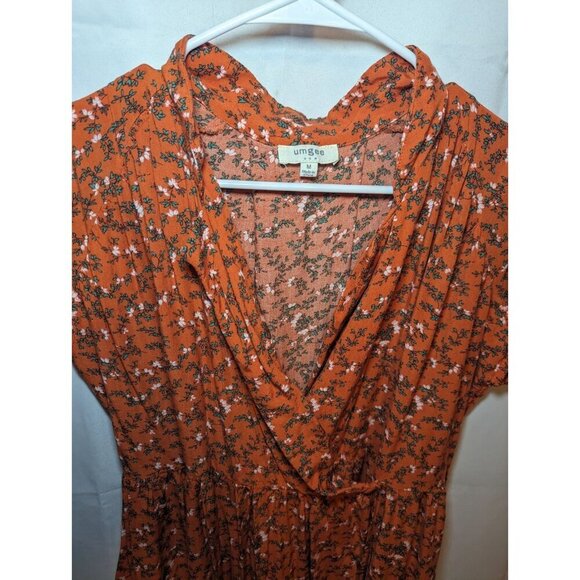 Umgee Long Orange Floral Wrap Short Sleeve Dress Size Medium With Pockets - Picture 9 of 14